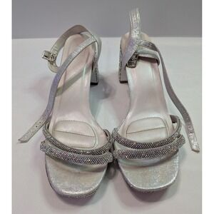 DB Studio Nelly6 Block Heel Sandals Womens 9M Silver Good Rhinestone Evening
